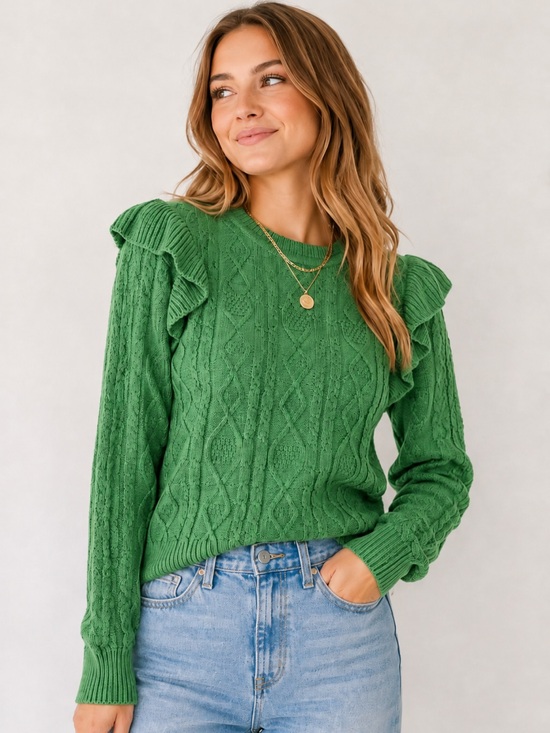 mittoshop Sweaters - mittoshop Green Ruffled Shoulder Cable Knit Sweater